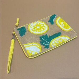 Francesca's Jute woven clutch with beaded lemons
